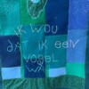 Blauw wandkleed met grappige vogel