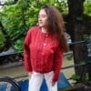 gewatteerde boho-stijl rode jas met grote knopen, omkeerbaar jas