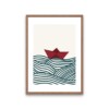 Rood bootje op golven kunstprint – rustgevende zee illustratie | A4 poster 21x30 cm