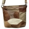Unieke leren schoudertas – compact, kleurrijk en handgemaakt met verschillende kleurvlakken in leer en suede.