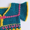 Gehaakt baby vestje | Petrol, roze en geel met roze franjes