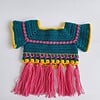 Gehaakt baby vestje | Petrol, roze en geel met roze franjes