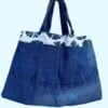 Plooitas- schoudertas van hergebruikte stoffen - denim, ecru en gestreept blauw/wit