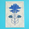 Art Nouveau Flower A6 Kaart, Blauwe Bloem Tekening