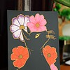 Floral Black Cat A6 Kaart, Bloemen Zwarte Kat Illustratie