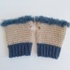 Gehaakte handschoenen - gehaakte vingerloze handschoenen | Beige en denimblauw
