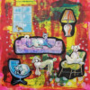 Huisdierenleven, collage, papier, rood