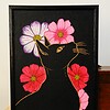 Zwarte Kat en Bloemen, Acrylverf Schilderij
