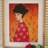 fire girl A3 Kunstprint – Vurig Vrouwenportret in Rode Tinten | Acryl Schilderij met Bloemenmotief