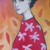 fire girl A3 Kunstprint – Vurig Vrouwenportret in Rode Tinten | Acryl Schilderij met Bloemenmotief