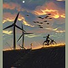 Kunstprint van dijk bij zonsondergang, Illustratie wanddecoratie op mat fine-art papier