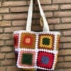 Gehaakte tas van granny squares, totebag, nieuw in thema rood-oranje-paars