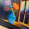 Handgeschilderd canvaspaneel 20x20 cm met lijst – Blauwe vaas met bloemen | Uniek schilderij