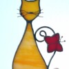 Gemberkleurige kat met houten standaard | Glas-in-lood | Handgemaakt | Tiffany-stijl