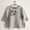 Hand Bedrukte Blouse, Grijs Linnen, Maat 38, Zwarte Ginkgo Bladeren Opdruk