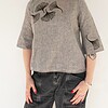 Hand Bedrukte Blouse, Grijs Linnen, Maat 38, Zwarte Ginkgo Bladeren Opdruk