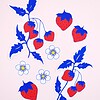 Hand getekende Sticker set, Aardbeien, Blaadjes en Bloemen, Blauw Rood