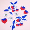 Hand getekende Sticker set, Aardbeien, Blaadjes en Bloemen, Blauw Rood