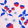 Hand getekende Sticker set, Aardbeien, Blaadjes en Bloemen, Blauw Rood