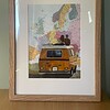 Handgeschilderd kunstwerk op kaart – On the Road – unieke roadtrip scene, ingelijst (33 x 43 cm)