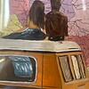 Handgeschilderd kunstwerk op kaart – On the Road – unieke roadtrip scene, ingelijst (33 x 43 cm)