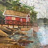 Origineel kunstwerk op kaart Zweden – Lakeside Cabin – handgeschilderd acryl, ingelijst 23 x 33 cm (ca. A4) uniek