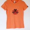 Hand bedrukt oranje katoenen t-shirt, zwart konijn en rode bloem design, women's, small