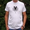 Hand bedrukt wit katoen t-shirt, zwart konijn en bloem design, men's, large