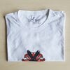 Hand bedrukt, wit katoen t-shirt, zwart konijn en rode bloem design, men's, extra large