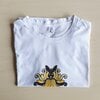 Hand bedrukt wit katoenen t-shirt, zwart konijn en gele bloem design, men's, medium