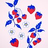 Hand getekende Sticker set, Aardbeien, Blaadjes en Bloemen, Blauw Rood