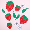 Hand getekende Sticker set, Aardbeien, Blaadjes en Bloemen, Groen Rood