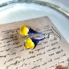 Handgeblazen druppeloorbellen van blauw en geel glas en zilverkleurig koper