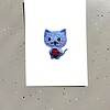 Wenskaart Blauw Katje met Koffiebeker – Illustratie van een Wollen Katje