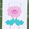 Art Nouveau Flower A6 Kaart, Roze Pioenroos Bloem, Turquoise Bladeren Potlood Tekening