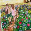 Wandeling door het bloemenveld | Handgeschilderd tegeltje