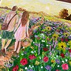 Wandeling door het bloemenveld | Handgeschilderd tegeltje