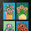 Canvas 15x10 'Bloempot met bloemen' 4 originele acrylschilderijtjes