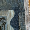 Denim patchwork wandkleed met linosnede walvis