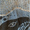 Denim patchwork wandkleed met linosnede walvis