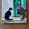 Handgeschilderd tegeltje – De kat bij de deur | 10 × 10 cm