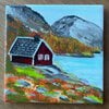 Handgeschilderd tegeltje – Het rode huisje| 10 × 10 cm