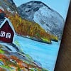 Handgeschilderd tegeltje – Het rode huisje| 10 × 10 cm