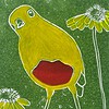 Linoprint nieuwsgierig vogeltje.