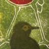 Linoprint nieuwsgierig vogeltje.