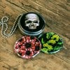 Roestvrij stalen fotomedaillon ketting met drie verschillende verwisselbare voorkanten met foto`s van griezelige halloween items,spooky halloween ketting.Rvs/roestvrij stalen fotomedaillon.