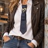 Statement ketting blauw met hart– unieke stropdas met sierbroche en parelketting
