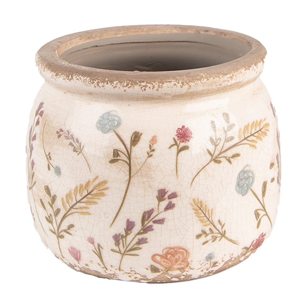 Clayre & Eef bloempot beige met bloemen Ø12 cm - 129951 Clayre & Eef bloempot beige met bloemen Ø12 cm