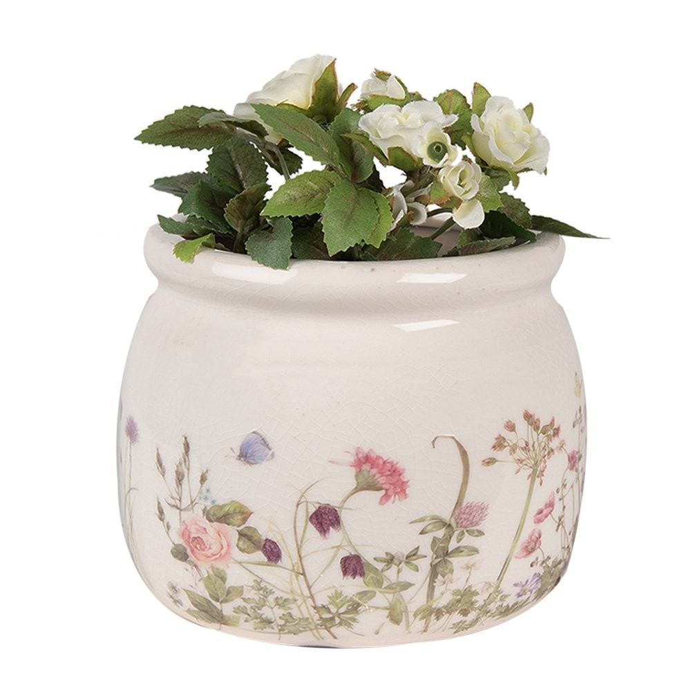 Clayre & Eef bloempot beige met bloemen – Ø12 cm - 129954 Clayre & Eef bloempot beige met bloemen – Ø12 cm