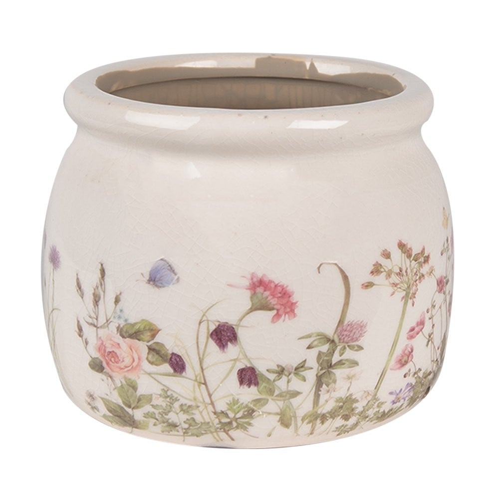 Clayre & Eef bloempot beige met bloemen – Ø12 cm - 129955 Clayre & Eef bloempot beige met bloemen – Ø12 cm